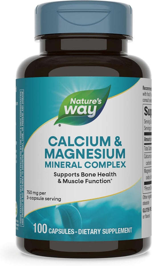 Nature's Way Calcium & Magnesium Mineral Complex, Supports Bone Health & Muscle Function,* 750 mg per 3-Capsule Serving, 100 Capsules (Packaging May Vary)