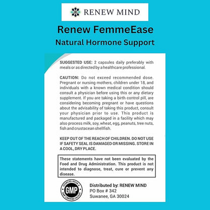 Renew FemmeEase – Hormone Balance Support Supplement for Women | with Black Cohosh, Dong Quai, Chasteberry & Wild Yam | Halal Certified | 60 Vegan Capsules