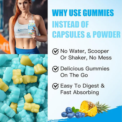 Creatine Monohydrate Gummies 5000mg for Men & Women, Chewables Creatine Monohydrate for Muscle Strength, Muscle Builder, Energy Boost, Pre-Workout Supplement(90 Count)-Blueberry Pineapple