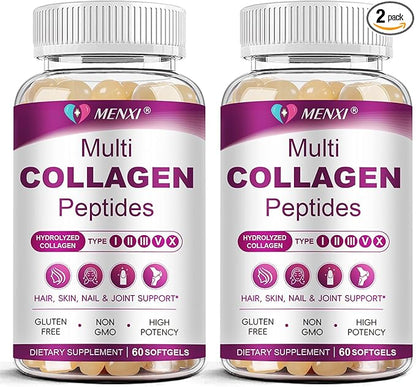 Multi Collagen Peptides Softgel for Women & Men - Type I, II, III, V, X - Hydrolyzed Collagen Peptides with Biotin, Vitamin C & Hyaluronic Acid - Support Skin Hair Nail & Joint - Non GMO, 120 Softgel