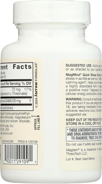 Jarrow Formulas Magnesium L-Threonate, MagMind Quick Stress Relief, Dietary Supplement Featuring GABA, 60 Capsules, Up to a 30 Day Supply