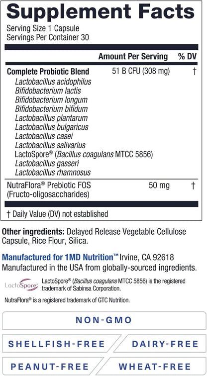 1MD Complete Probiotics Platinum | Supports Digestive Health | with Nourishing Prebiotics, 51 Billion Live CFU, 11 Strains, Dairy-Free | 30 Vegetable Capsules (3-Pack)