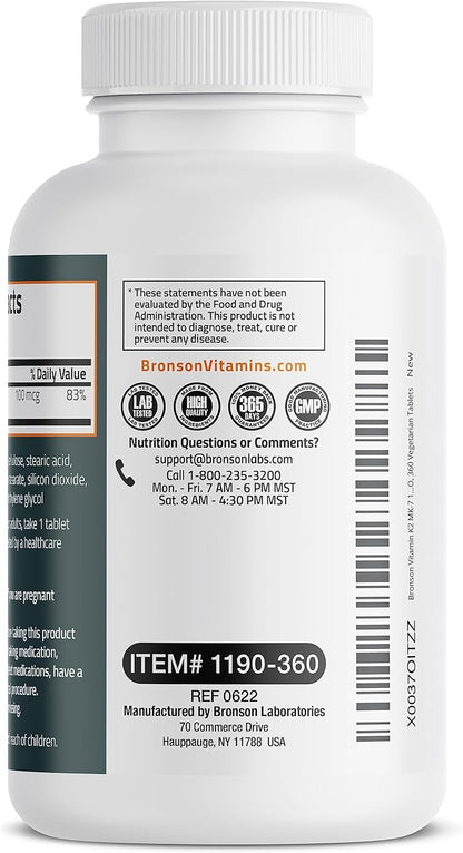 Bronson Vitamin K2 MK-7 100 MCG, K2 as MK7 Menaquinone, Bone Support 1 Year Supply, 360 Tablets