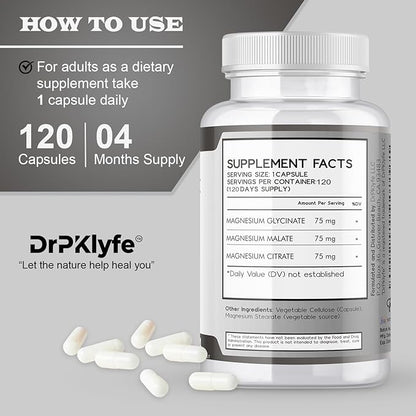 Board Certified Internist's Recommendation: Magnesium Complex Capsule| Glycinate |Malate|Citrate for Optimal Health|225mg, 4 Months Supply for Heart, Muscle & Bone Health - DrPKLyfe