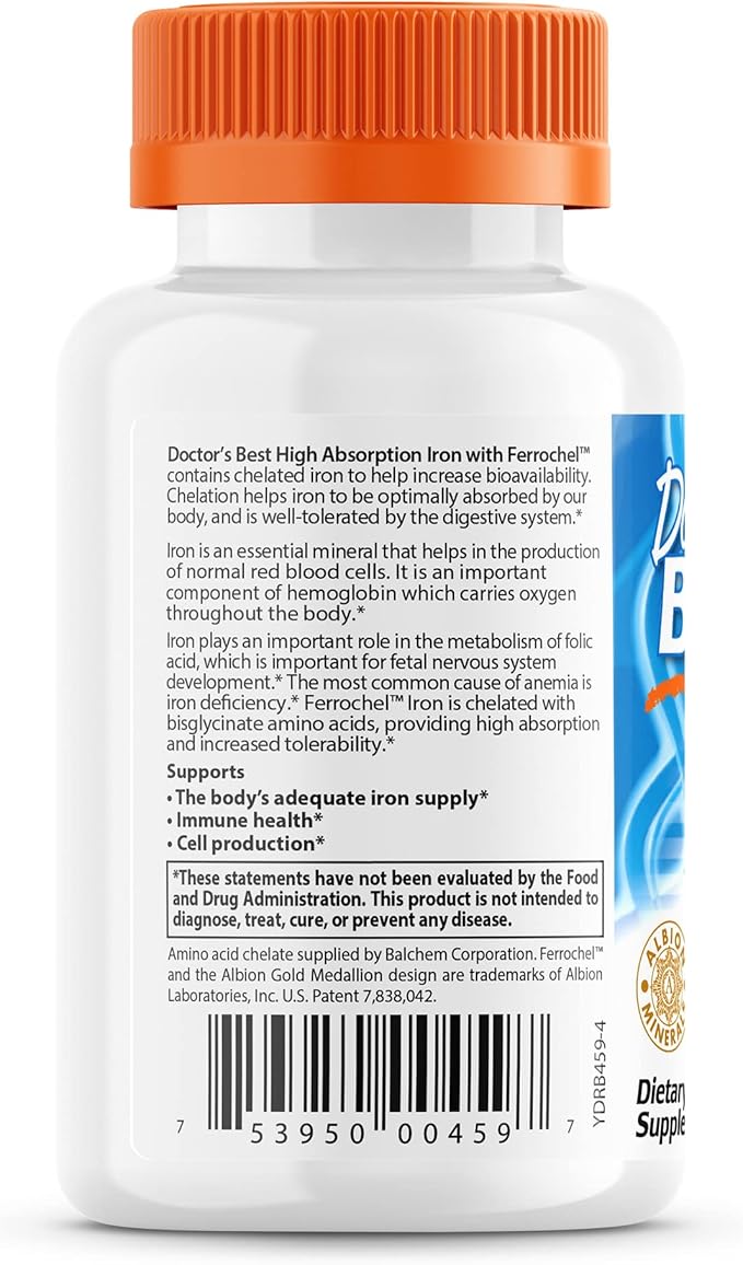 Doctor's Best High Absorption Iron Tablet with Ferrochel, Gentle on The Stomach, Immune Health, Blood Health, 27 mg (Pack of 2)