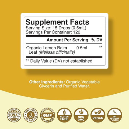 Organic Lemon Balm Leaf Liquid Extract for Immune Support - Lemon Balm Tincture for Mood & Relaxation Support - Organic Tincture Leaf Drops for Adults & Kids Dietary Supplement - 2OZ - 2 Pack
