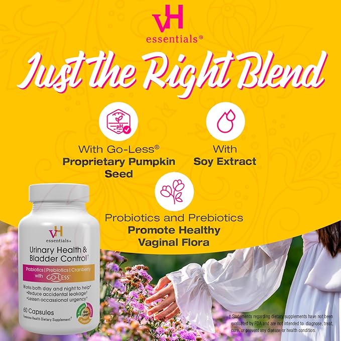 vH essentials Urinary Health & Bladder Control, Cranberry Extract, Prebiotics and Probiotics, 24-Hour Feminine Health Support, Reduces Occasional Leakage, Supports Vaginal Health, 60 Capsules