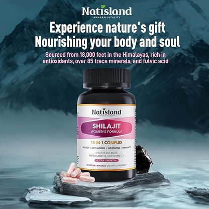 Shilajit for Women, Pure Himalayan Shilajit with Ashwagandha, Sea Moss, Coenzyme Q10, Energy & Immune Support, Anti-Aging & Wellness Support, Vegan, 90 Count, Natural Trace Minerals & Fulvic Acid