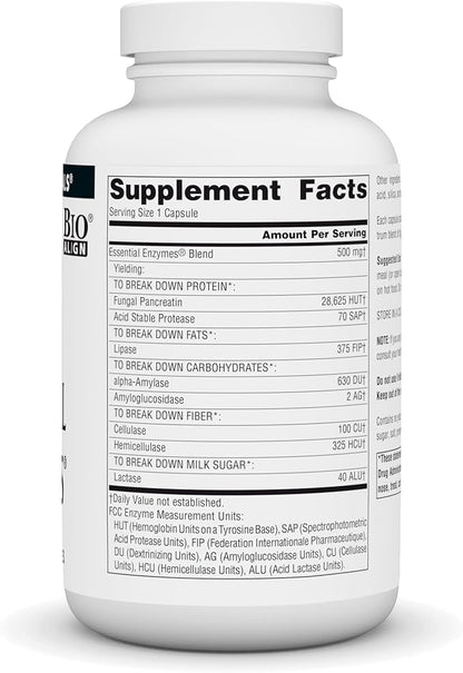 Source Naturals Essential Enzymes 500mg Bio-Aligned Multiple Enzyme Supplement Herbal Defense for Digestion, Gas, Constipation & Bloating Relief - Supports Immune System - 240 Capsules