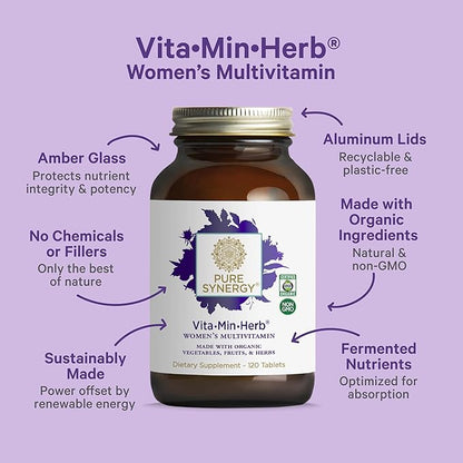 PURE SYNERGY Vita·Min·Herb for Women | Women’s Comprehensive Multivitamin Supplement | Made with Organic Whole Food Non-GMO & Vegan Ingredients | Supports Energy & Immune Health (120 Tablets)