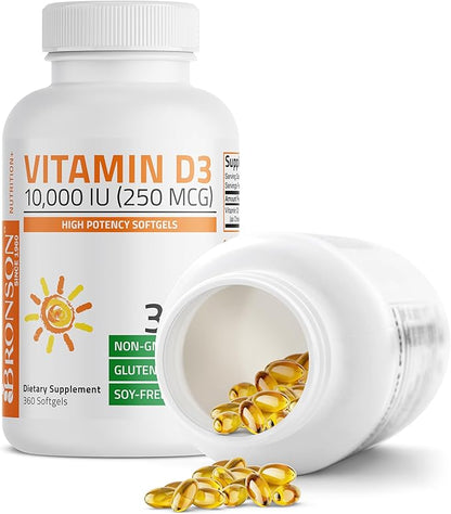 Bronson Vitamin D3 10,000 IU (250 mcg) High Potency - Supports Healthy Immune System, Strong Bones, Muscles & Teeth - Non GMO, 360 Softgels (1 Year Supply)