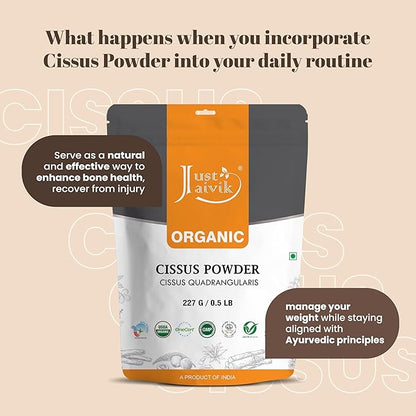 Just Jaivik 100% Organic Cissus Powder - 227 gm / 0.5 lb | Herbal Supplement for Bone and Muscle Health | USDA Certified Organic | (Hadjod) Cissus Quadrangularis Powder