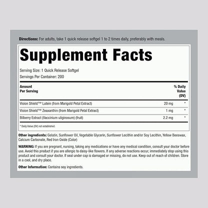 Piping Rock Lutein and Zeaxanthin Supplements | 200 Softgels | with Bilberry Extract | Eye Vision Vitamin | Non-GMO, Gluten Free