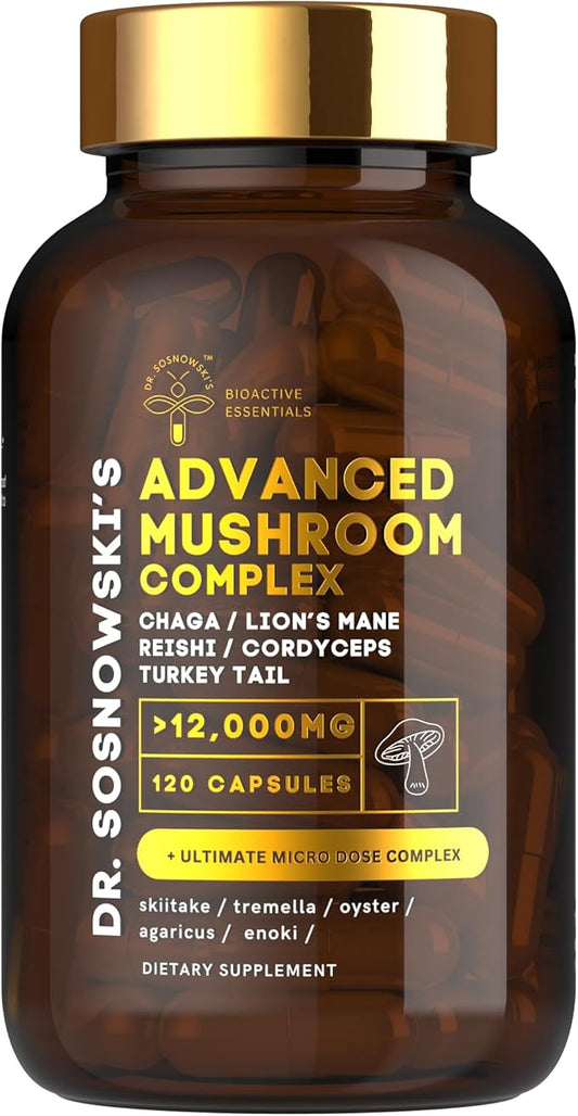 Dr Sosnowski's BioActive Mushroom Complex Lion's Mane, Cordyceps, Chaga, Turkey Tail, Reishi with Potent Extracts of Shiitake, Tremelia, Oyster, Agaricus & Enoki | 120 Capsules