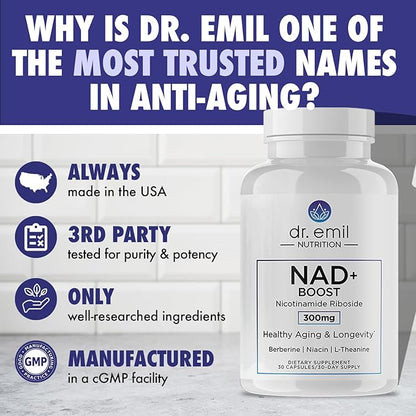 DR. EMIL NUTRITION NAD+ Boost - Nicotinamide Riboside Supplement for Longevity, Healthy Aging & Cellular Regeneration - NAD Supplement with with Berberine, L-Theanine & Niacin - 30-Day Supply