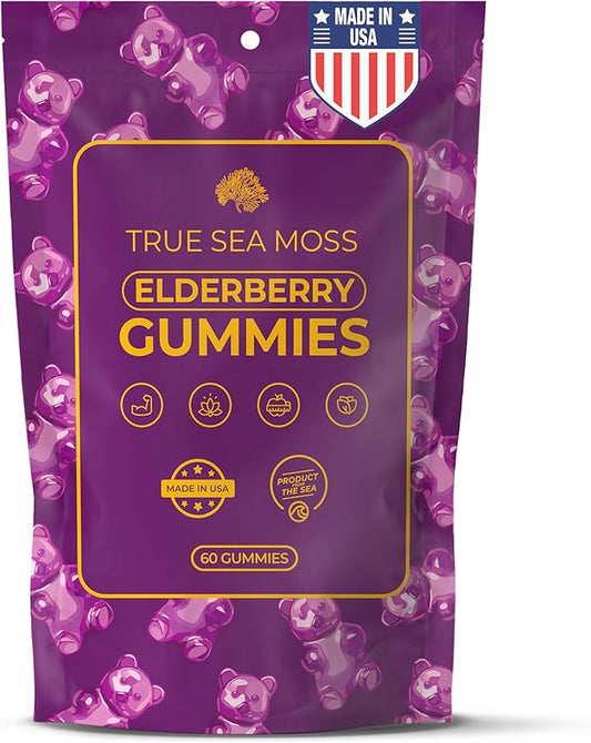 Sea Moss Elderberry Gummies for Adults & Kids - Magnesium, Burdock Root & Bladderwrack – Supports Immune, Boost Energy, Skin & Hair Health, Detox – Made in USA - 60 Vegan Gummies
