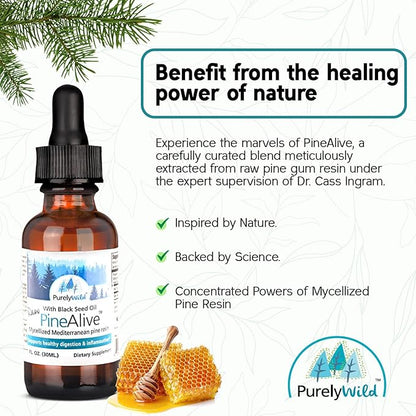 PURELY WILD PineAlive - Raw Pine Resin & Black Seed Oil Complex | Natural Energy & Vitality Support | Wild-Harvested Forest Extract | Dr. Cass Ingram's Original Formula | 1 fl oz with Dropper
