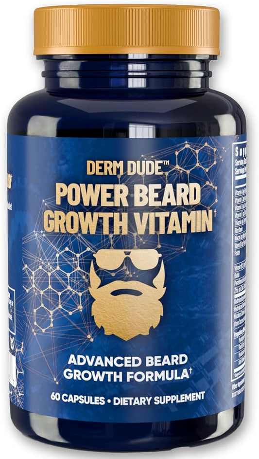 Derm Dude Power Beard Growth Vitamins for Men | With Biotin 10K MCG, Zinc B12 Saw Palmetto & Keratin for Healthier Thicker Fuller & Stronger Facial Hair | Restore Hair Breakage & Thinning, 60 Capsules