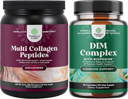 Natures Craft Bundle of Multi Collagen Protein Powder for Women and Men - Hair Skin and Nails Vitamins and DIM Complex Men and Womens Hormone Balance Supplement