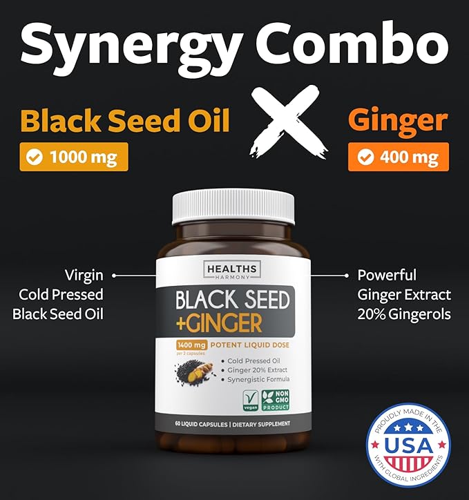 Black Seed Oil Capsules with Ginger Extract - 1400mg - 60 Liquid Capsules (Non-GMO & Vegan) - Natural Support for Healthy Joints and Digestive Health