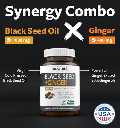 Black Seed Oil Capsules with Ginger Extract - 1400mg - 60 Liquid Capsules (Non-GMO & Vegan) - Natural Support for Healthy Joints and Digestive Health