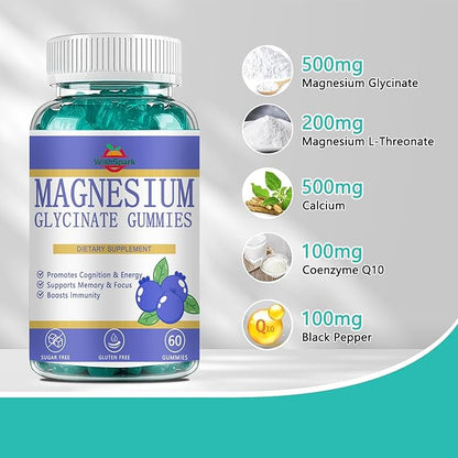 Magnesium Glycinate Gummies, Premium Magnesium Gummies, Magnesium Glycinate Supplement for Relaxation, Stress Relief and Sleep, Suitable for Adults and Children-60 Blueberry Flavor