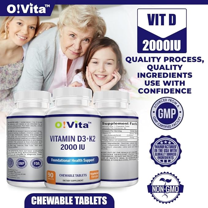 Vitamin D3 + K2 2000IU Chewable for Bone Health Support, 90 Vegan chewable Tablets, up to 3-Month Supply