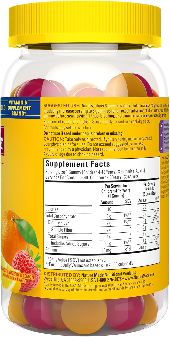 Nature Made Prebiotic Fiber Gummies for Adults and Kids, Fiber Supplement for Digestive System Support, 90 Gummies