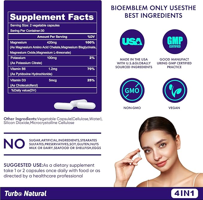 420 Mg Magnesium Bisglycinate L-Threonate Amino Acid Chelated Supplement with Vitamin and Potassium High Absorption Formula for Muscle Relaxation Bone & Joint Support Magnesium Complex Capsules(60)