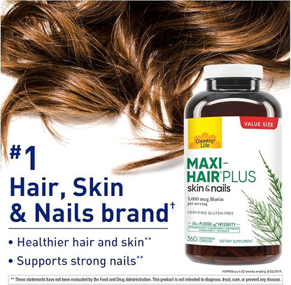 Country Life Maxi-Hair Plus 5000 mcg Biotin, 360 Capsules, Certified Gluten Free, Certified Vegetarian