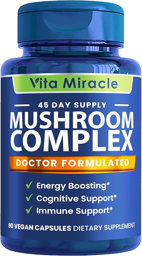 Mushroom Supplement Capsules - 10x Mushroom Complex with Lions Mane Cordyceps Shiitake Reishi Mushrooms Supplements - All Natural Herbal Vitamins Extract Pills for Focus Energy and Brain 90 Capsules