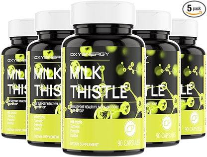 OxyEnergy Silymarin Milk Thistle 300mg Extract with Vitamin C, Inositol & Pueraria, Liver Detox & Repair Support, Antioxidant Support,90 Capsules, Pack of 5