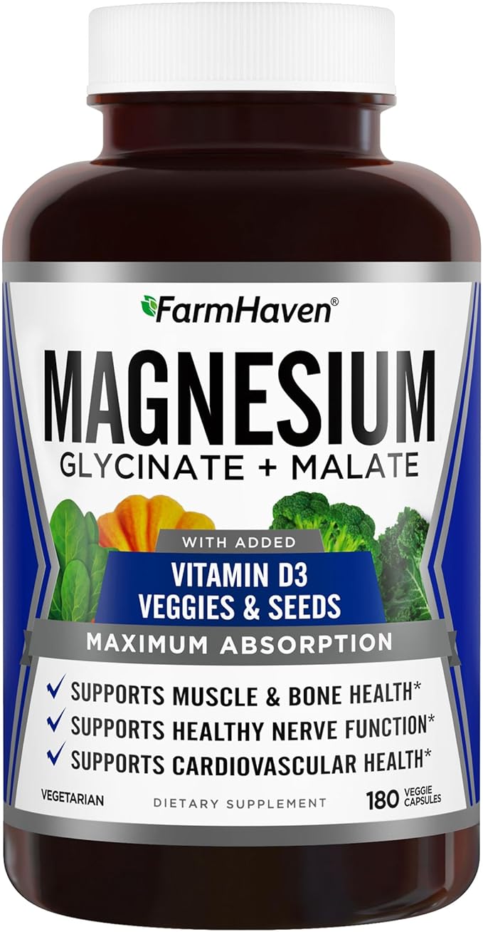 FarmHaven Magnesium Glycinate & Malate Complex w/Vitamin D3, 100% Chelated for Max Absorption, Vegetarian – Bone Health, Nerves, Muscles, 180 Capsules, 90 Days