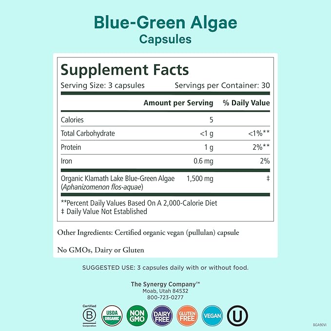 PURE SYNERGY Blue-Green Algae Capsules | Superfood with Chlorophyll | Organic Superfood Supplement from AFA Blue Green Algae | Supports Energy, Mental Clarity, and Detoxification (90 Capsules)