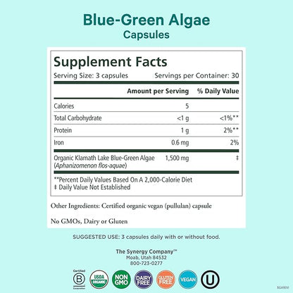 PURE SYNERGY Blue-Green Algae Capsules | Superfood with Chlorophyll | Organic Superfood Supplement from AFA Blue Green Algae | Supports Energy, Mental Clarity, and Detoxification (90 Capsules)
