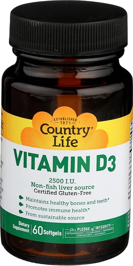 Country Life Vitamin D3 2500 I.U. Gluten-Free, 60 Softgels