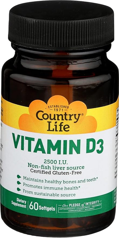 Country Life Vitamin D3 2500 I.U. Gluten-Free, 60 Softgels