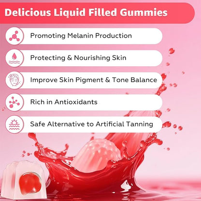 Tanning Gummies - Sugar Free Daily Tanning Gummies for Woman & Men, Self Tanning Melanin Supplements with Lycopene & Astaxanthin for Skin Health, Strawberries Flavor, 60 Count