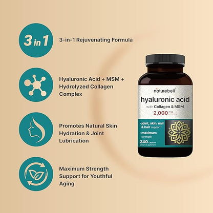 NatureBell 2 Pack Hyaluronic Acid Supplements 2,000 mg | 480 Total Capsules, with MSM & Hydrolyzed Bovine Collagen – 3 in 1 Support for Skin Hydration, Joint Lubrication, Hair, and Eye Health