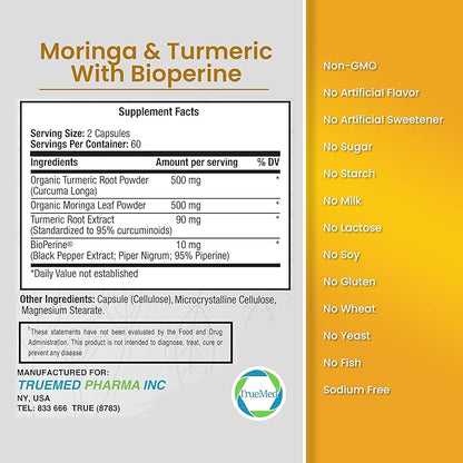 Moringa & Turmeric with BioPerine 10mg 95% Piperine – 1100 MG Joint Support Supplement with 95% Curcuminoids, 120 Vegan Capsules, USA-Made, GMP & UL-Certified