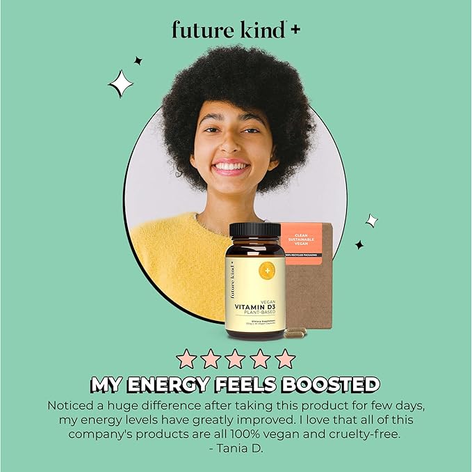Future Kind Vegan Vitamin D3-2500 IU Plant-Based Supplement for Cell & Immune Support - Sugar-Free, Lichen-Based Vitamin D (30 Softgels in Glass Bottle)