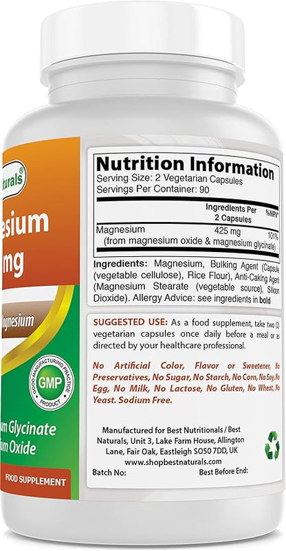 Best Naturals Magnesium 425 mg 180 Veggie Capsules - High Absorption Magnesium Glycinate & Magnesium Oxide Chelated, Non-GMO, Gluten Free Muscle Relax (180 Count (Pack of 1))