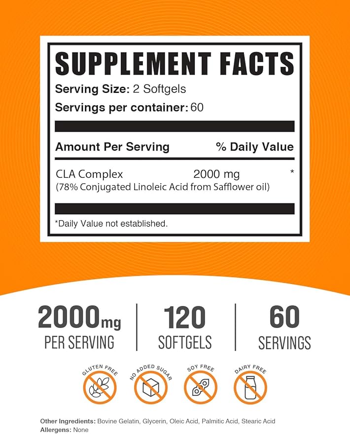 BulkSupplements.com CLA Softgels - Conjugated Linoleic Acid, CLA Supplements - Gluten Free, 2 Softgels per Serving (2000mg), 120 Count (Pack of 1)