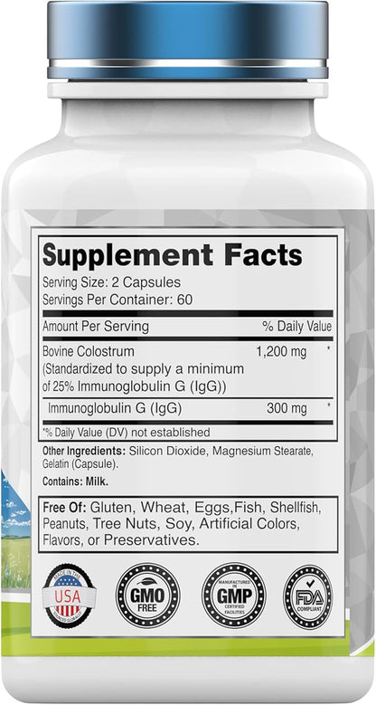 Colostrum Supplement 1,200 mg Per Serving, 120 Capsules | Standardized to 25% IgG (Immunoglobulin G) | Grass-Fed Bovine Colostrum Powder Caps | Immune Support Supplement | Non-GMO, Made in the USA!