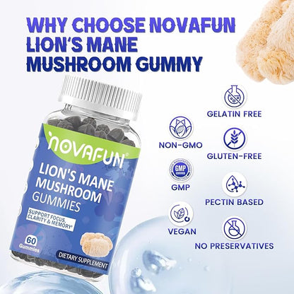 Lion's Mane Mushroom Gummies – 1000mg for Focus & Cognitive Support, Vegetarian & Gluten-Free, Mixed Berry Flavor, 60 Count
