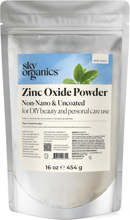 Sky Organics - Zinc Oxide Powder, 16 oz - Non-Nano & Uncoated - Make Your Own Lotion, Deodorant, Cream, Soap - DIY Essentials - Resealable Bag - Natural, Vegan & Cruelty Free - Beauty & Personal Care