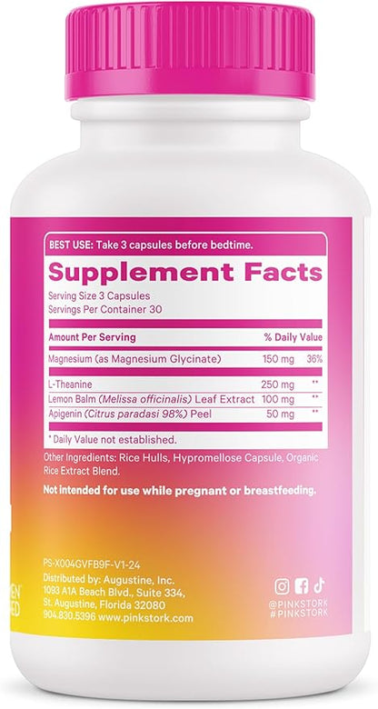 Pink Stork Magnesium Glycinate, L-Theanine, Lemon Balm - Melatonin-Free Magnesium for Sleep Support - Natural Calm and Relaxation - 90 Capsules