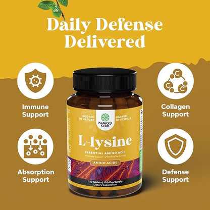 Natures Craft L Lysine 1000mg per Serving Nutritional Supplements - L-lysine Essential Amino Acids for Eye Health Lip Care Bone Support Immune System Muscle Growth and Vegetarian Collagen 240 Tablets