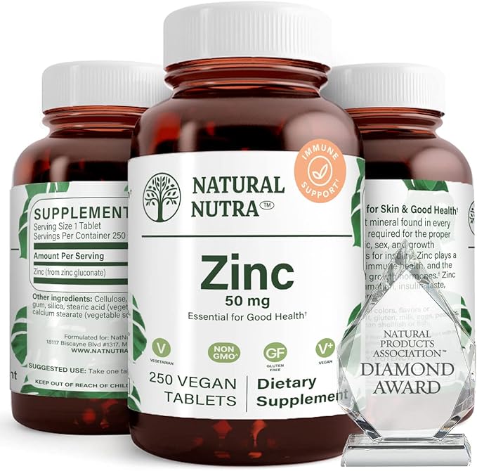 Natural Nutra Zinc Gluconate 50mg Supplement for Immune Support, Promotes Skin Health, Enhance Taste & Smell, Provides Ease from Cold & Flu, Boost Learning & Memory, Gluten Free 50mg 250 Vegan Tablets