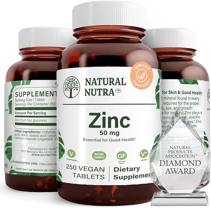 Natural Nutra Zinc Gluconate 50mg Supplement for Immune Support, Promotes Skin Health, Enhance Taste & Smell, Provides Ease from Cold & Flu, Boost Learning & Memory, Gluten Free 50mg 250 Vegan Tablets